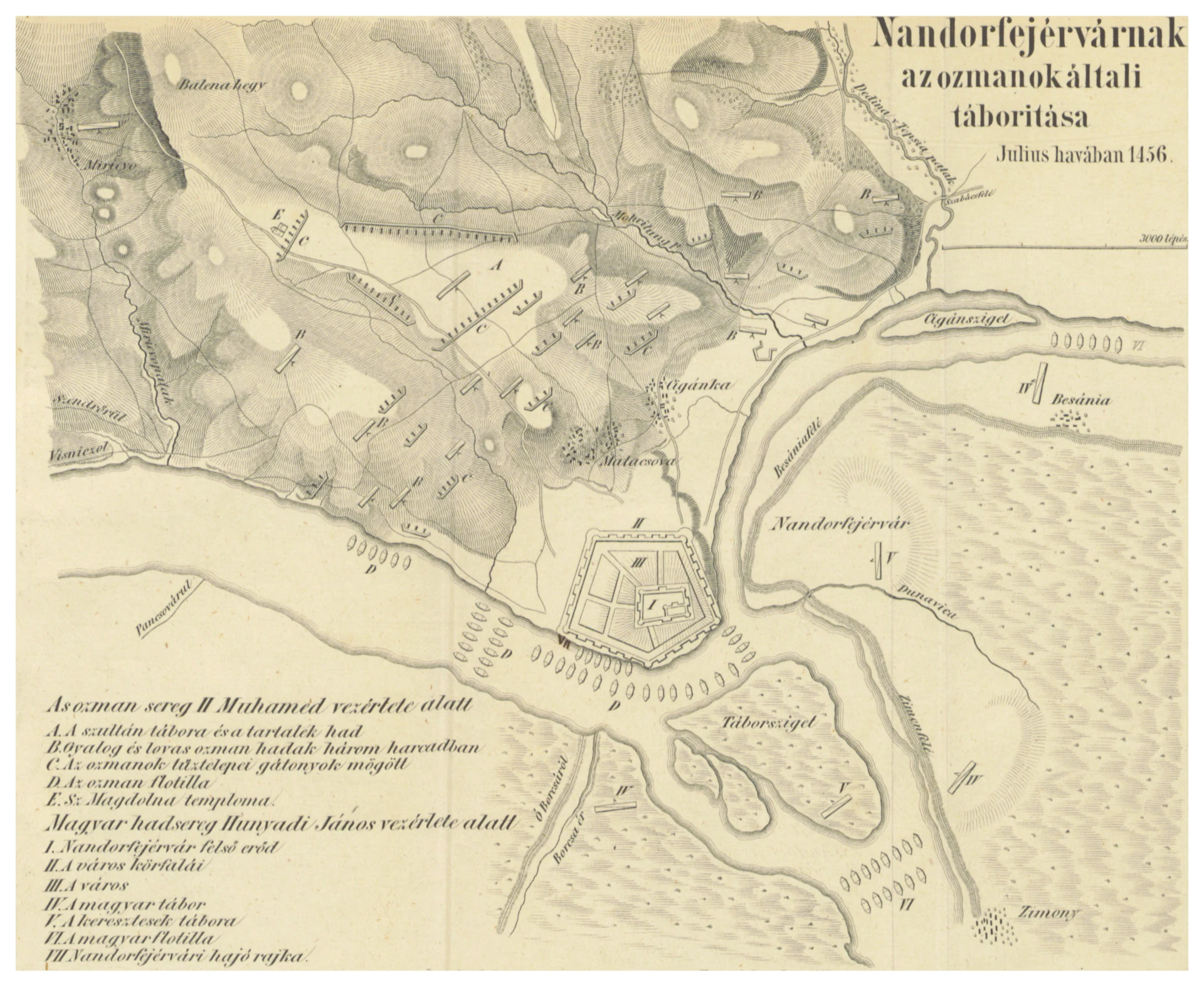 Foto: Zgodovinska karta iz leta 1857 , ki prikazuje obleganje Beograda leta 1456 (Vir: https://commons.wikimedia.org/wiki/File:KISS(1857)_p127_(Siege_of_Belgrad,_1456).jpg?utm_source=chatgpt.com)